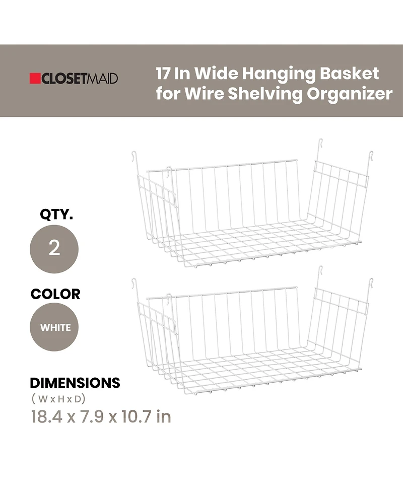 ClosetMaid 17 In Wide Hanging Basket for Wire Shelving Organizer, White (2 Pack)