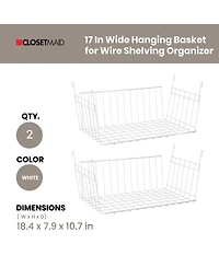 ClosetMaid 17 In Wide Hanging Basket for Wire Shelving Organizer, White (2 Pack)