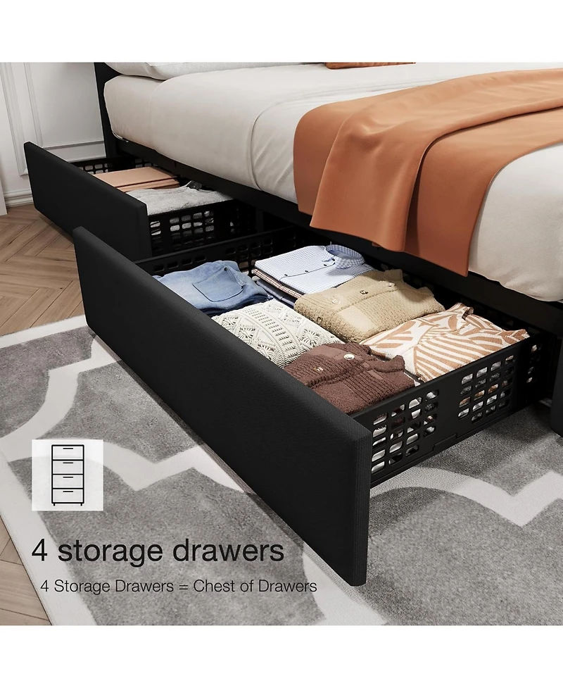Gaomon King Size Bed Frame with 4 Storage Drawers, Linen Upholstered Platform Bed Frame with Adjustable Headboard