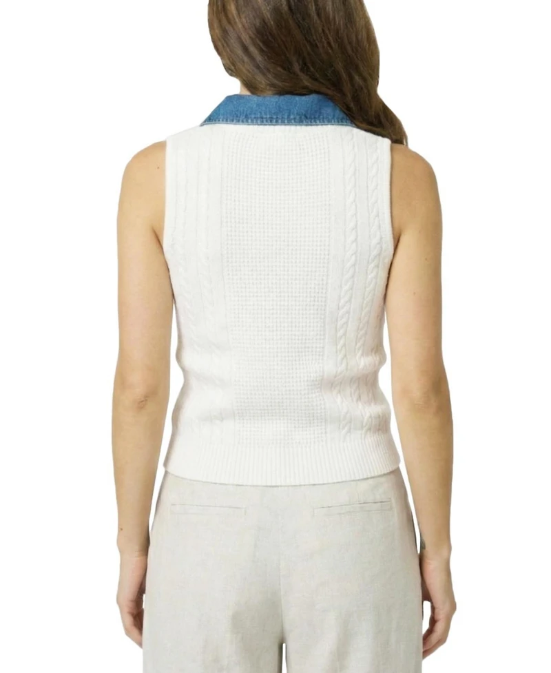 Central Park West Women's Serena Mixed Stitch Denim Collar Shell