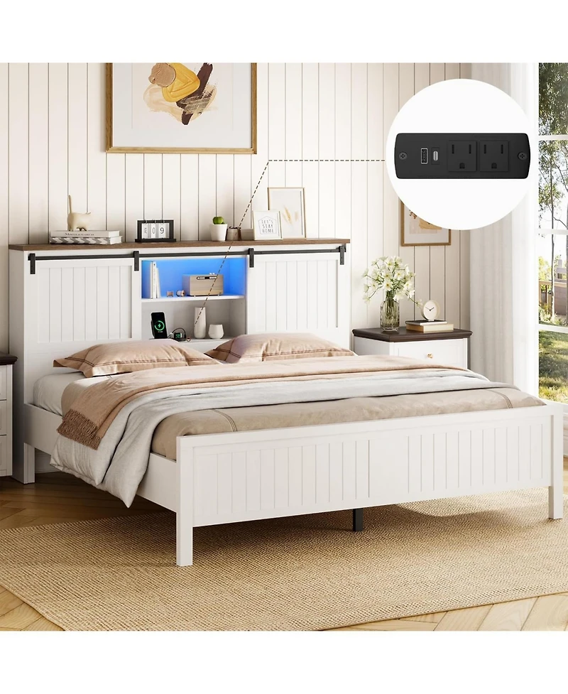 gaomon Farmhouse Queen Bed Frame, Queen Size Platform Bed Frame with Sliding Barn Door Storage Cabinets and Charging Station