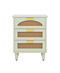 Rainsken Rattan Nightstand, Mint Green 3-Drawer Bedside Table, Wooden End Table for Bedroom, Living Room
