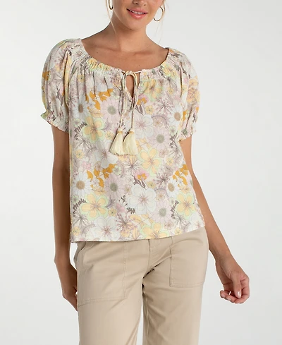 Liverpool Los Angeles Women's Short-Sleeve Tie Neck Woven Blouse