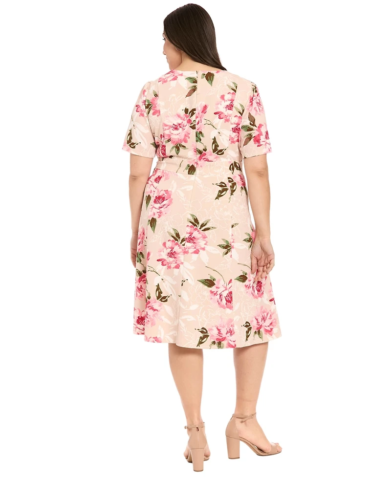 London Times Plus Short-Sleeve Printed Midi Dress