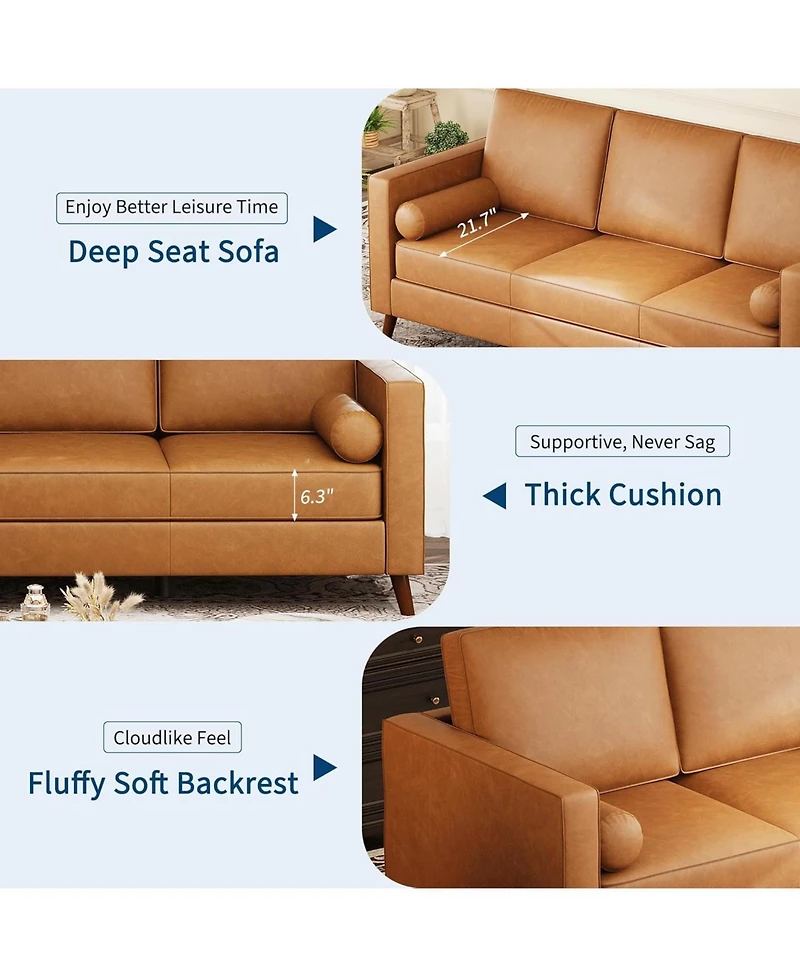 Gaomon 86" Leather Sofa for Living Room, Mid-Century Modern Couch with Deep Seats, Brown Faux , 3 Seat Sofa with Removable Cover for Apartment