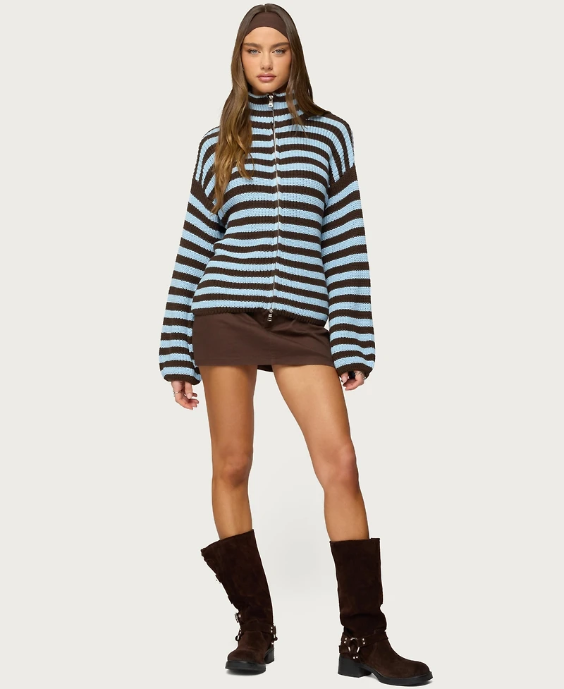 Edikted Women's High Neck Striped Zip Up Sweater