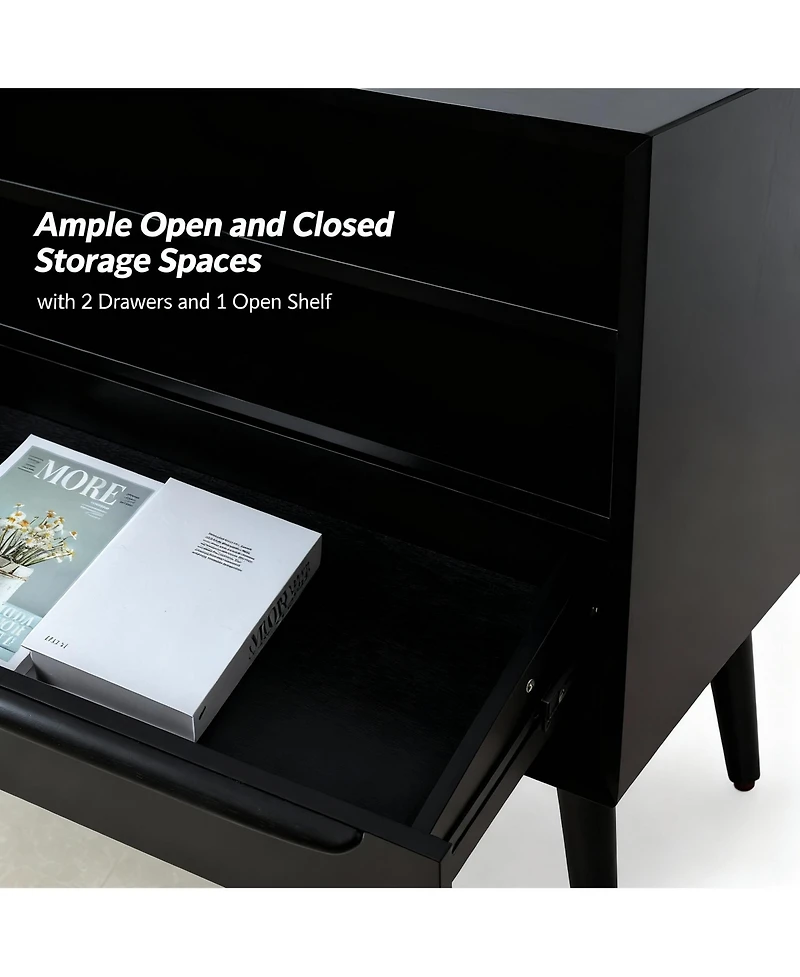 Yigii Mid-Century Modern 2-Drawer & Open Shelf End Table with Charging