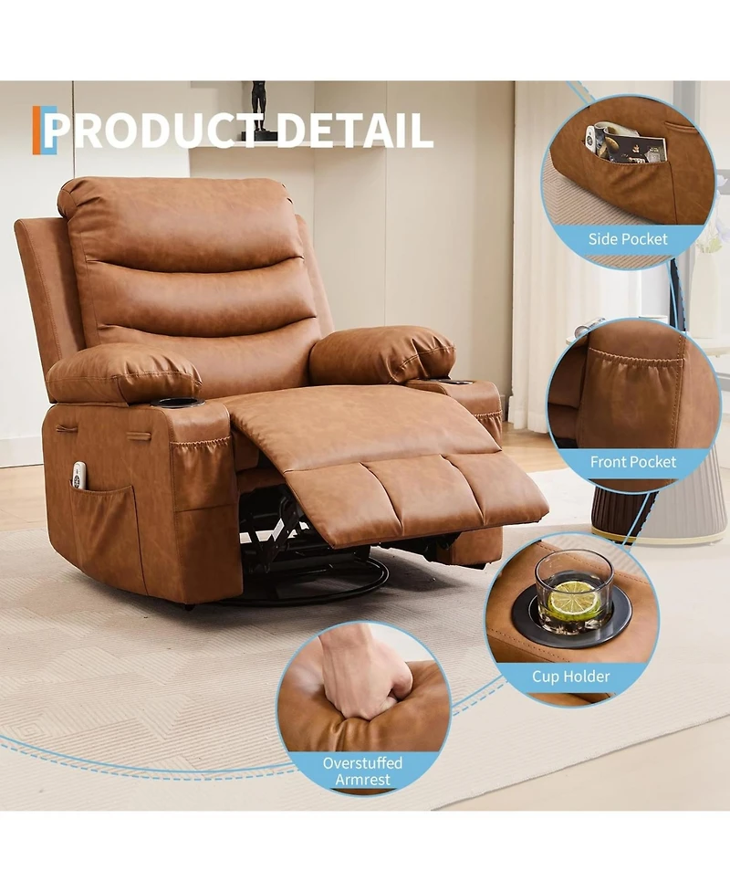 gaomon Recliner Chair with Massage and Heat, 360° Swivel Oversized Single Sofa Seat, Adult Rocking Recliner with Cup Holder and Storage Pockets