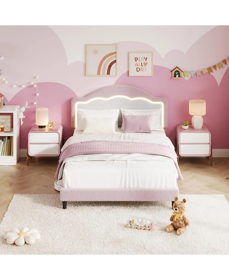 gaomon Bed Frame with Adjustable Headboard, Sherpa Fleece Upholstered Platform Bed Frame with Led Lights, 750 Lb Capacity, Wooden Slats Support