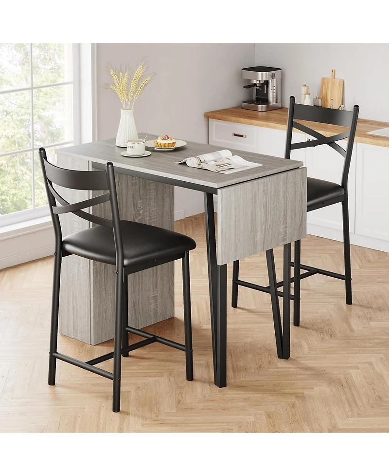 gaomon Bar Table Set of 2 with Storage Shelves, Extendable Dining Table with 2 Cushioned Chairs, 3 Piece Counter Height Set for Kitchen