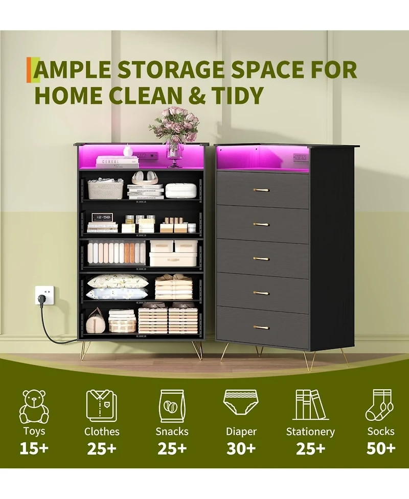 gaomon Modern 5-Drawer Tall Dresser for Bedroom, Wooden Chest with Silent Slides & Water-Resistant Finish