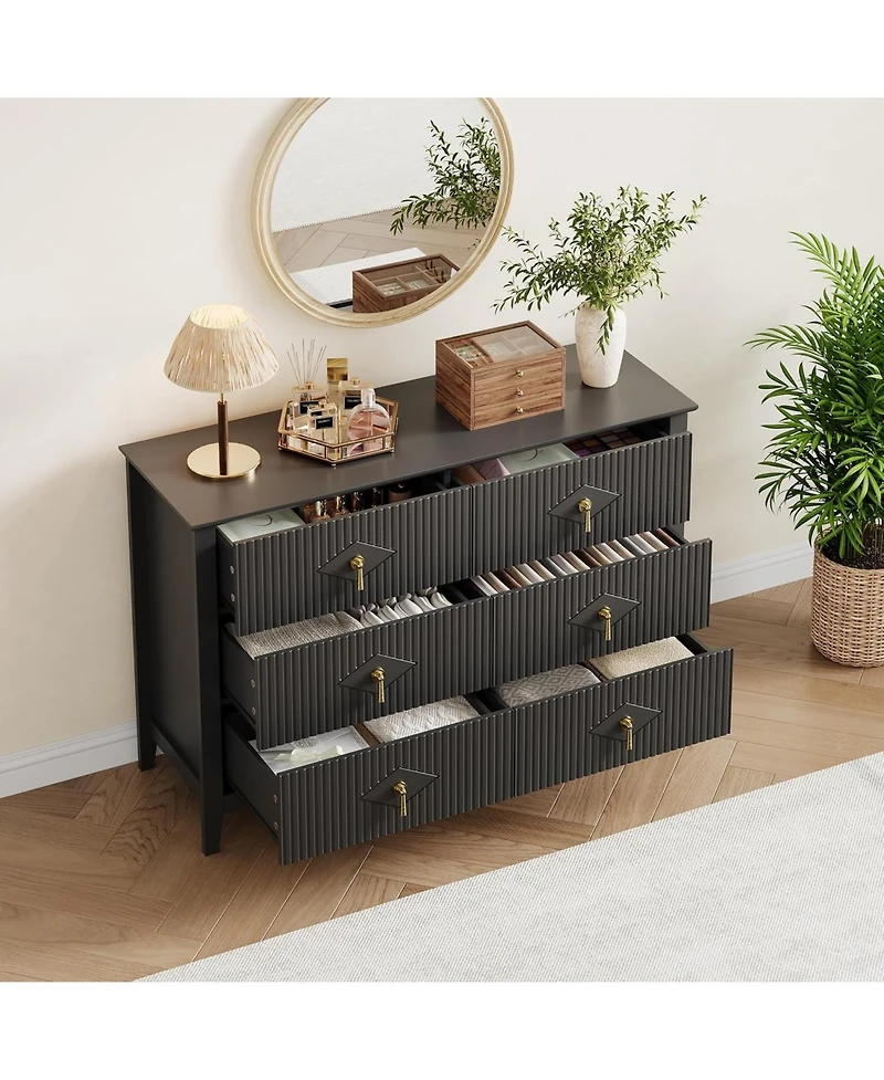 gaomon Fluted 6 Drawers Dresser for Bedroom, 47.2" Wide Modern Chest of with Metal Handle, Wooden Organizer Bedroom
