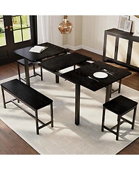 gaomon 5Pcs Dining Table Set for 4-8 People, 63 Large Extendable Kitchen with 2 Benches and Square Stools sets