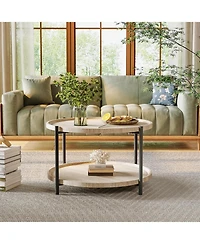 gaomon Round Coffee Table for Living Room, Rustic Wood Desktop Center Table with Sturdy Metal Legs, 2-Tier Circle Coffee Table with Storage Shelf