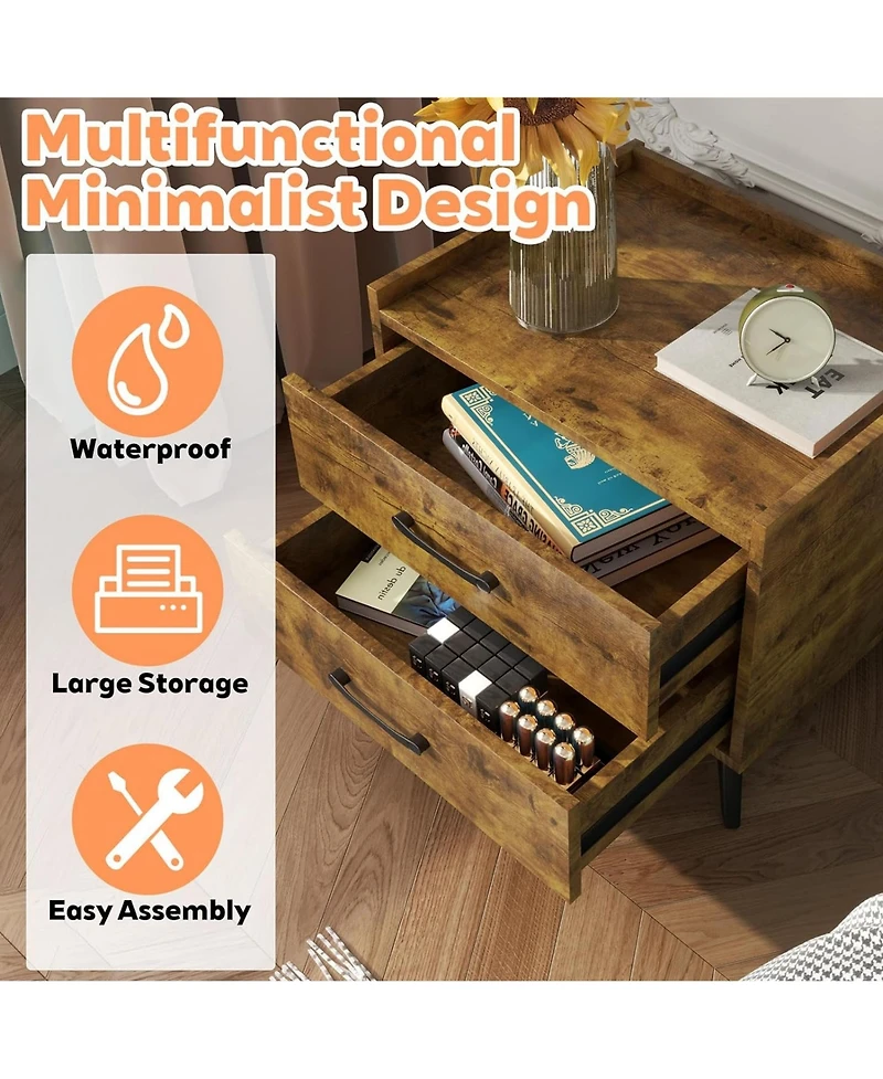 Rainsken Retro Nightstand, Minimalist End Side Table, Bedside Table with 2 Drawers and Metal Legs, Essential Bedroom Furniture