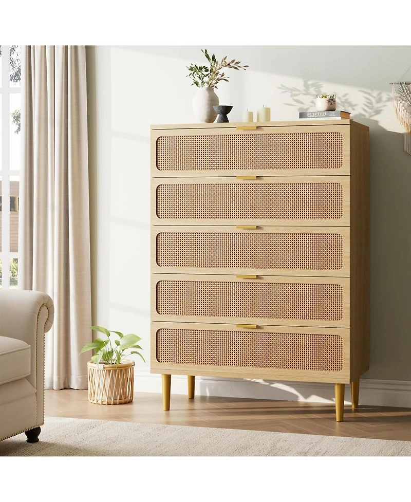 gaomon 5-Drawer Rattan Wooden Tall Storage Dresser