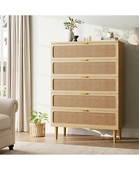 gaomon 5-Drawer Rattan Wooden Tall Storage Dresser