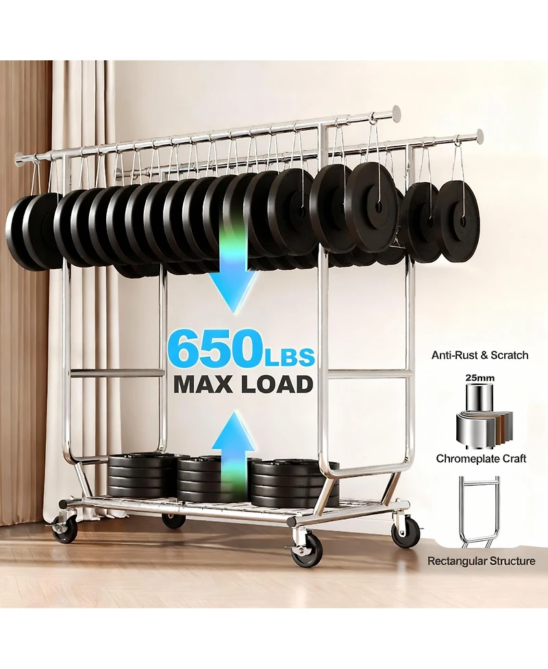 Yigii Heavy Duty Collapsible Clothes Rack with Wheels, 650Lbs Capacity, Double Rod, 75"W x 22"D x 68"H