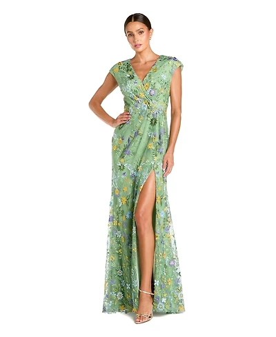 Mac Duggal Women's Faux Wrap Embroidered Cap Sleeve Gown
