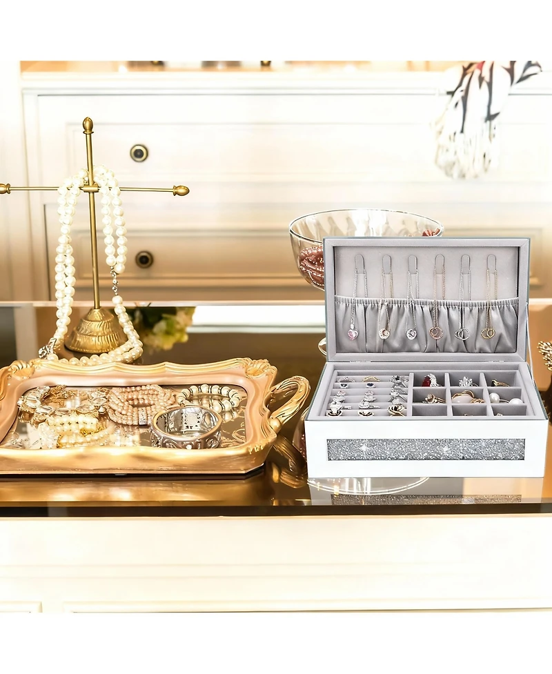 Yigii Crystal Glass Jewelry Box with Mirror for Women