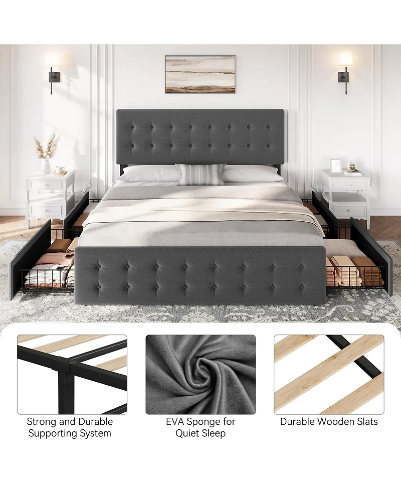 gaomon King Bed Frame with Headboard and 4 Storage Drawers, Square Stitched Button Tufted Platform