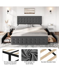 gaomon King Bed Frame with Headboard and 4 Storage Drawers, Square Stitched Button Tufted Platform