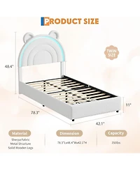 gaomon Twin Size Bed Frame with 2 Storage Drawers, Velvet Upholstered Platform Bed with Rainbow Headboard for Kids