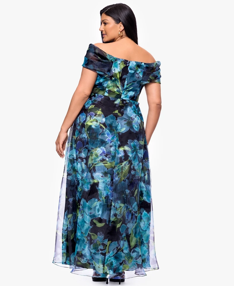 Betsy & Adam Plus Printed Off-the-Shoulder Ball Gown