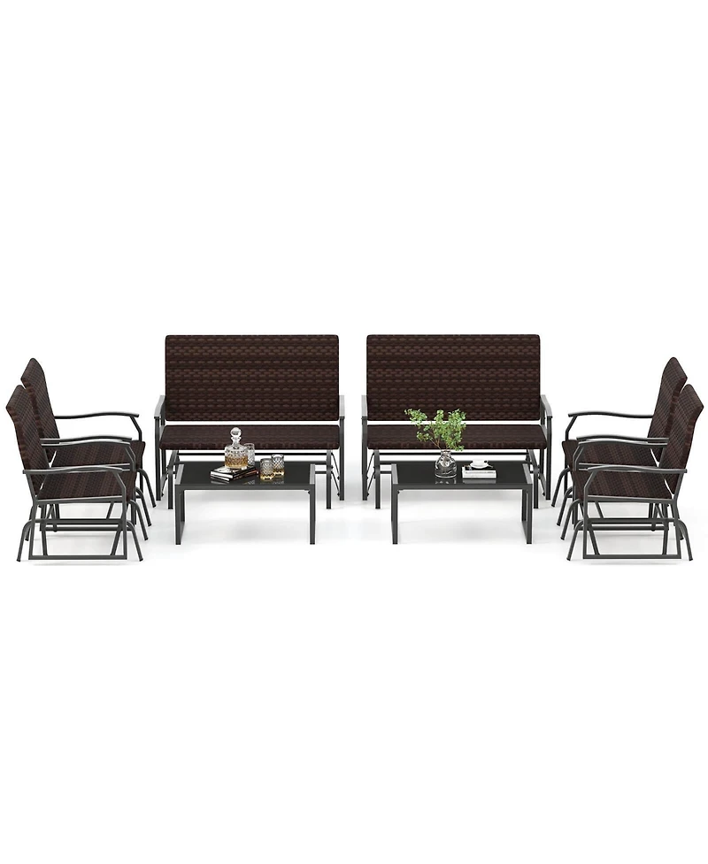 Gymax 4 Pcs Patio Gliding Set Wicker Swing Glider Furniture Set w/ Tempered Glass Coffee Table