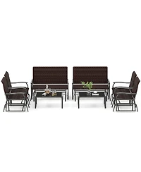 Gymax 4 Pcs Patio Gliding Set Wicker Swing Glider Furniture Set w/ Tempered Glass Coffee Table