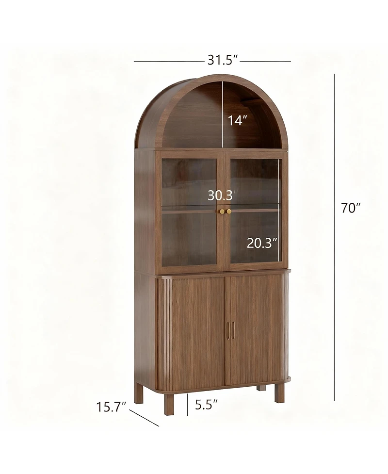Yigii Arched Kitchen Pantry Cabinet with Adjustable Shelves and Tempered Glass Doors