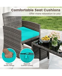 Gymax Set of Patio Conversation Set w/Seat Cushions & Tempered Glass Tabletop Porch
