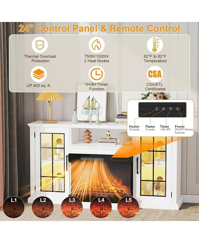 gaomon 75" Fireplace Tv Stand, Modern Entertainment Center with 24" 3-Sided Glass Electric Fireplace, 12 Flame Colors, Remote Control