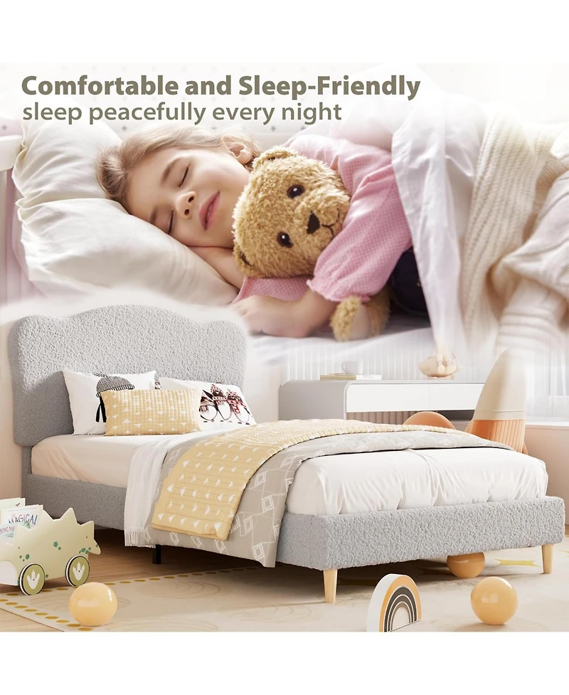 gaomon Upholstered Twin Size Bed Frame for Kids with Scallop Headboard, Cute Velvet Twin Bed for Girls, Boys, Sturdy Platform Bed