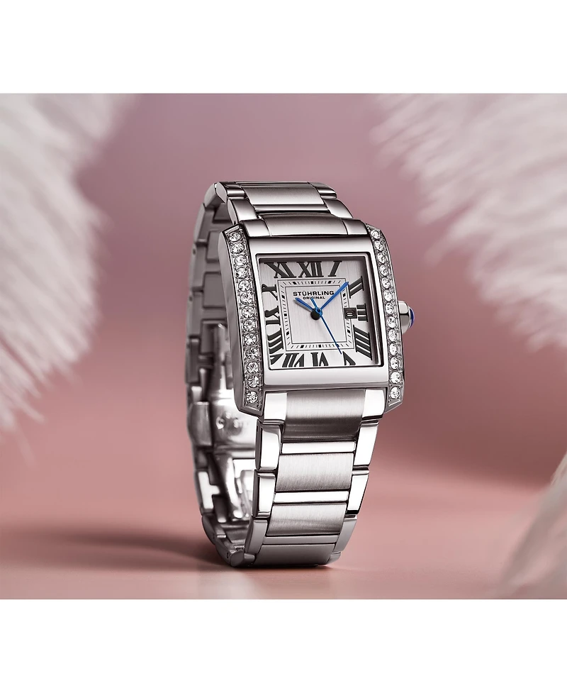 Stuhrling Elan 4088.1 Women s Rectangular Quartz Watch, Silver-Tone Stainless Steel Bracelet, Roman Numeral Dial & Date