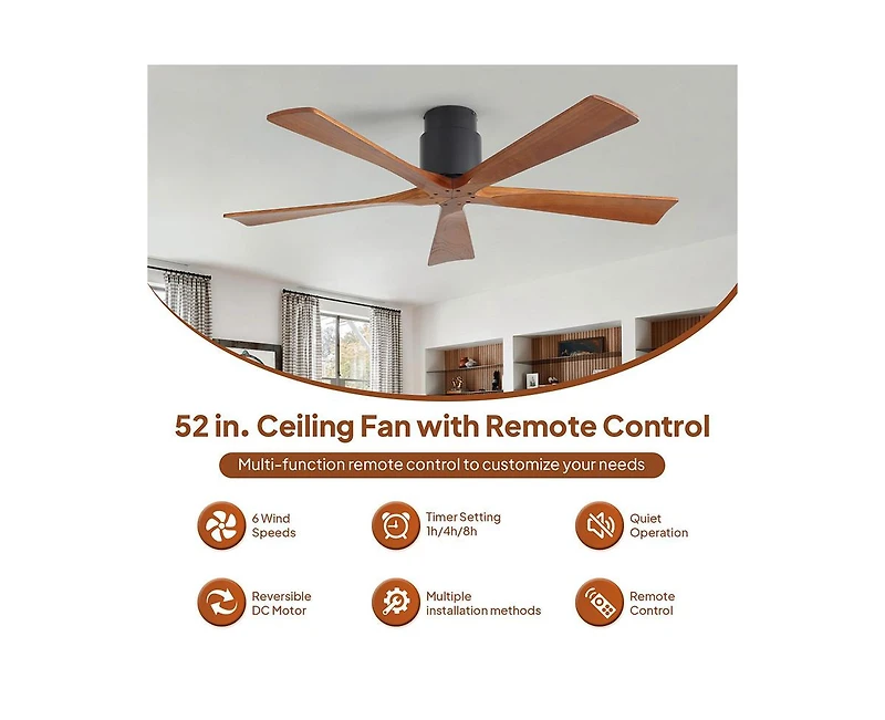 Sofucor 52-inch Modern Black 5-Blade without Light Ceiling Fan with Remote Control and Timing Function