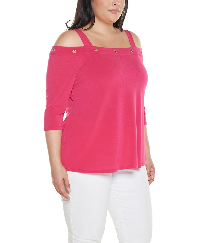 Belldini Plus Grommet-Trim Cold Shoulder Top