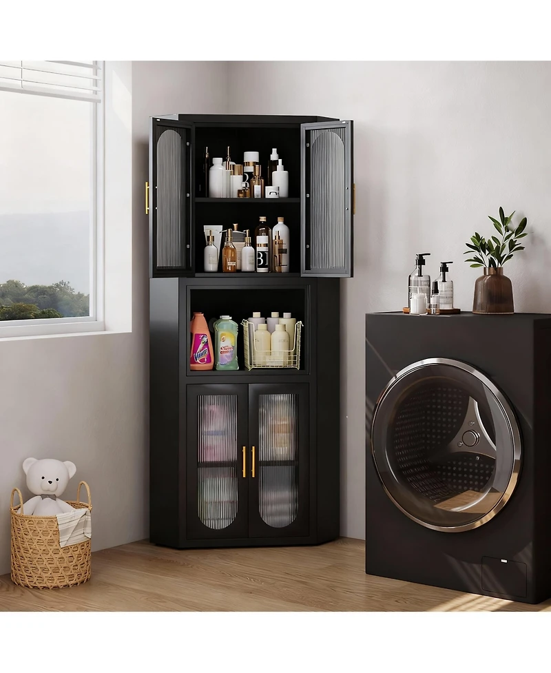 Yigii 64" Tall Metal Corner Cabinet with Glass Doors for Kitchen, Bathroom, or Bedroom