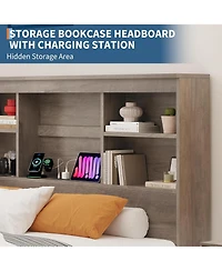 gaomon Full Size Bed Frame with High Storage Bookcase Headboard, Wood Bed Frame with 4 Storage Drawers, Built in Charging Station, Noise-Free