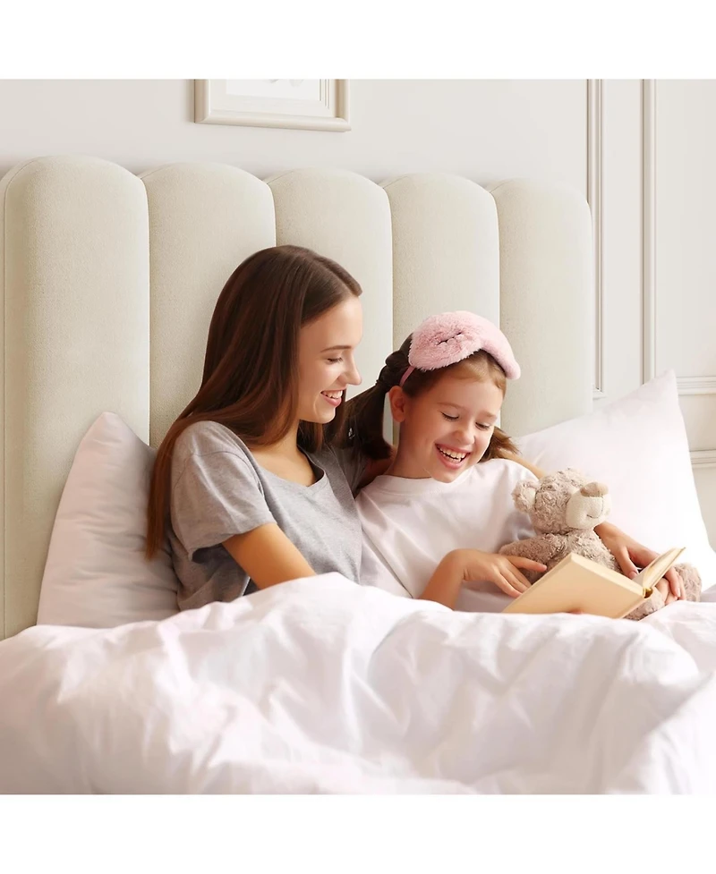 gaomon 2 Sets Twin Bed Frame with Under-Bed Drawer, Upholstered Platform Bed with Wave Headboard for Kids/Girls