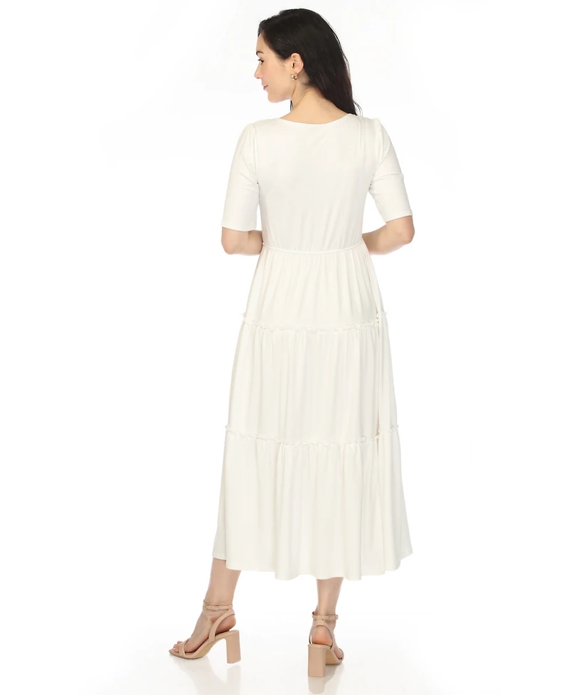 White Mark Women's Square Neck Short Sleeve Tiered Dress