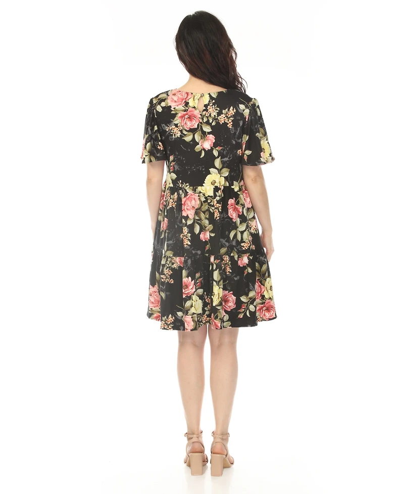 White Mark Women's V-Neck Tropical Flower Short Sleeve Dress