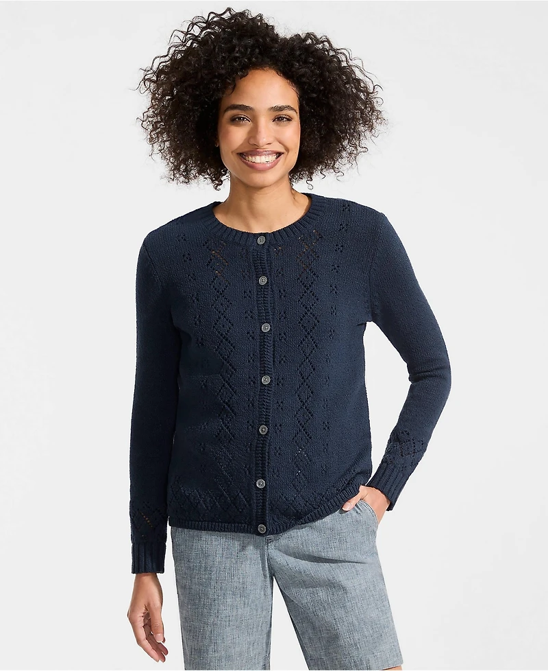 Lands' End Women's Pointelle Crew Neck Cardigan Sweater