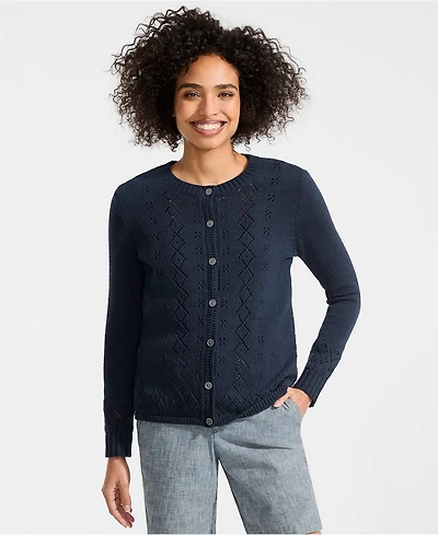 Lands' End Women's Pointelle Crew Neck Cardigan Sweater