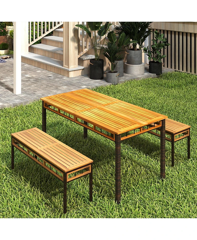 Gymax 2Pcs Wicker Patio Bench/Acacia Wood Seat Removable Padded Cushion for Deck