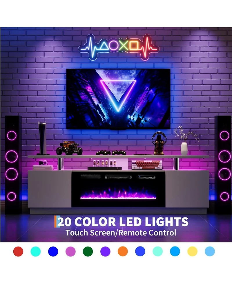 gaomon 70" Fireplace Tv Stand with 36" Electric Fireplace Heater, 12 Flame and 7 Led Color Modes, High-Gloss Entertainment Center with 2-Tie