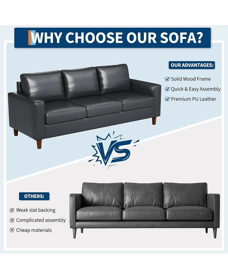 gaomon Mid-Century Modern Sofa, Comfy Faux Leather Couch with Deep Seat, Cozy 3 Seater Couch for Living Rooms Offices Apartments, Easy Assembly