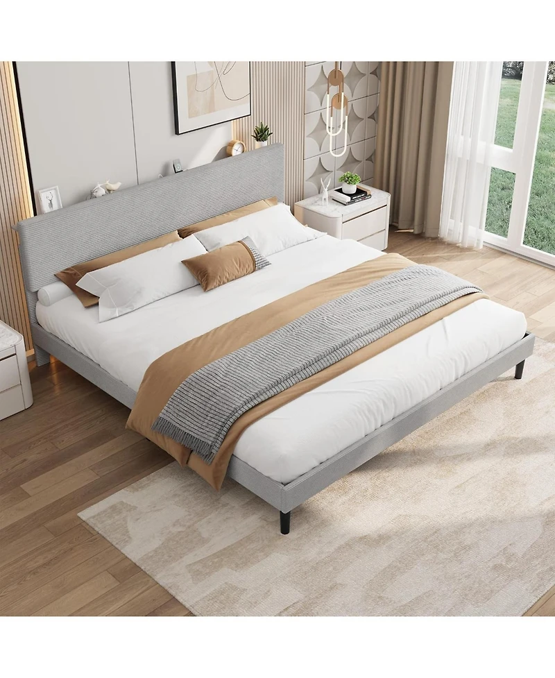 Gaomon King Size Bed Frame with Usb Charging Station, Corduroy Upholstered Platform Bed Frame with Adjustable Storage Headboard