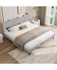 Gaomon King Size Bed Frame with Usb Charging Station, Corduroy Upholstered Platform Bed Frame with Adjustable Storage Headboard