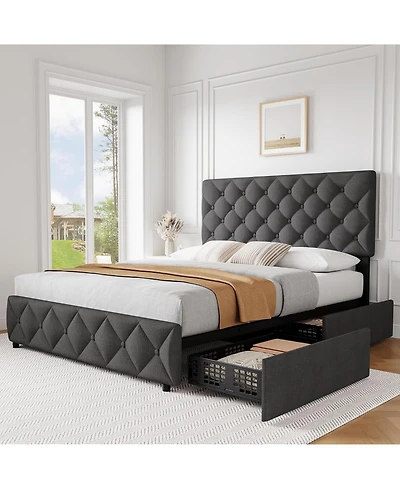 gaomon Bed Frame with 4 Storage Drawers and Headboard, Linen Upholstered Platform Bed Frame